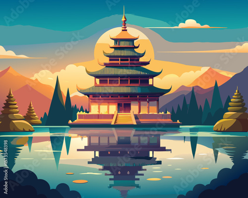 colorful illustration of a floating pagoda on a lake