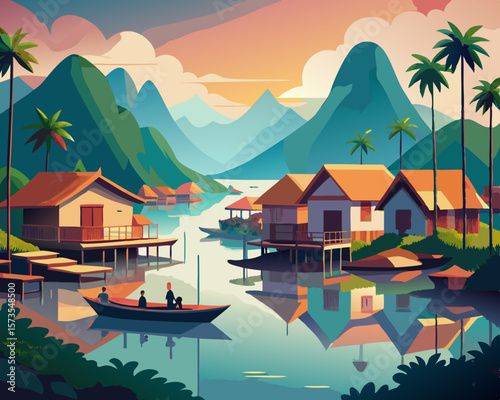 colorful illustration of a floating village in Vietnam with stilted houses