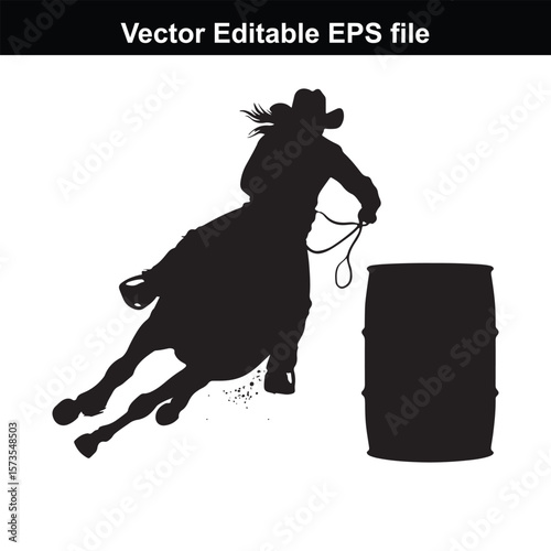 Silhouette of Barrel Racing Featuring a Horse and Rider Approaching a Barrel in an Equestrian Competition Scene