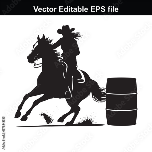 Silhouette of Barrel Racing Featuring a Horse and Rider Approaching a Barrel in an Equestrian Competition Scene