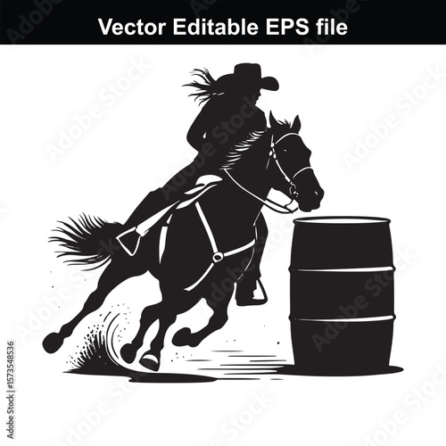 Silhouette of Barrel Racing Featuring a Horse and Rider Approaching a Barrel in an Equestrian Competition Scene