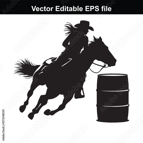 Silhouette of Barrel Racing Featuring a Horse and Rider Approaching a Barrel in an Equestrian Competition Scene