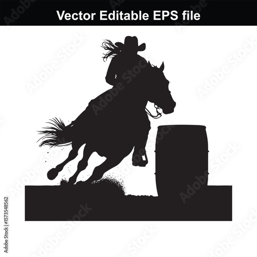 Silhouette of Barrel Racing Featuring a Horse and Rider Approaching a Barrel in an Equestrian Competition Scene