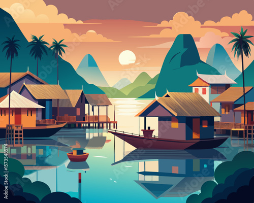 colorful illustration of a floating village in Vietnam with stilted houses