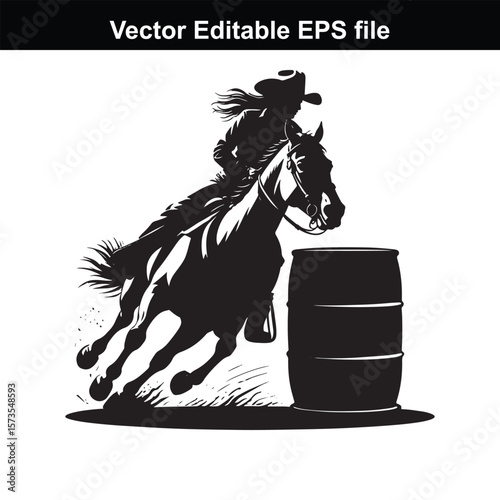 Silhouette of Barrel Racing Featuring a Horse and Rider Approaching a Barrel in an Equestrian Competition Scene