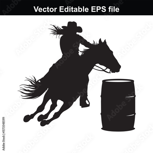 Silhouette of Barrel Racing Featuring a Horse and Rider Approaching a Barrel in an Equestrian Competition Scene