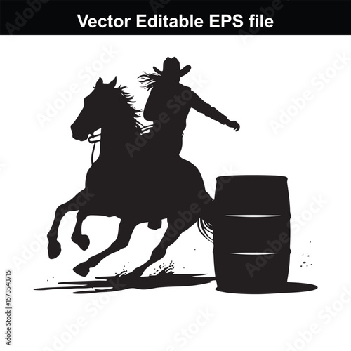 Silhouette of Barrel Racing Featuring a Horse and Rider Approaching a Barrel in an Equestrian Competition Scene