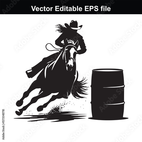 Silhouette of Barrel Racing Featuring a Horse and Rider Approaching a Barrel in an Equestrian Competition Scene