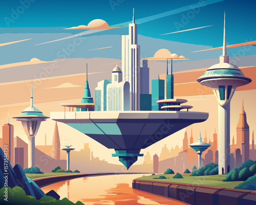 colorful illustration of a futuristic floating city with advanced architects