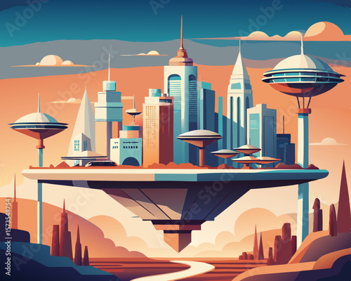 colorful illustration of a futuristic floating city with advanced architects