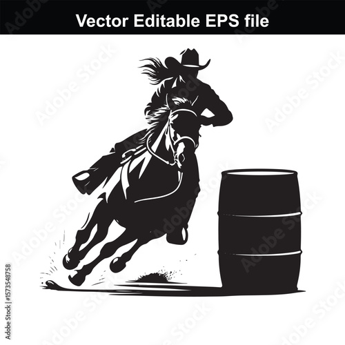 Silhouette of Barrel Racing Featuring a Horse and Rider Approaching a Barrel in an Equestrian Competition Scene