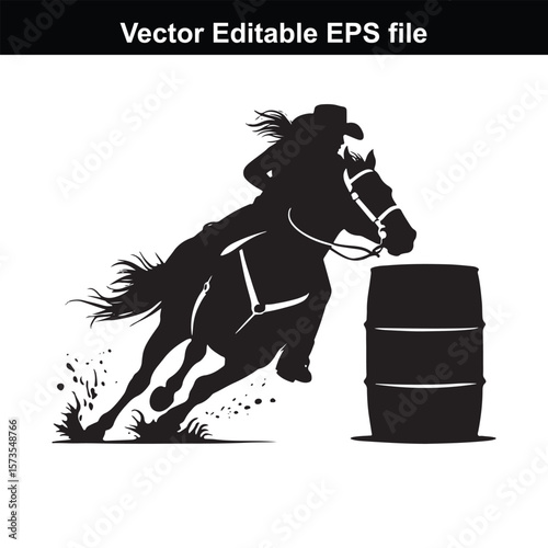 Silhouette of Barrel Racing Featuring a Horse and Rider Approaching a Barrel in an Equestrian Competition Scene