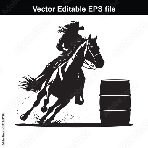Silhouette of Barrel Racing Featuring a Horse and Rider Approaching a Barrel in an Equestrian Competition Scene