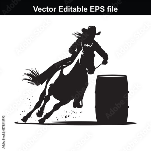 Silhouette of Barrel Racing Featuring a Horse and Rider Approaching a Barrel in an Equestrian Competition Scene