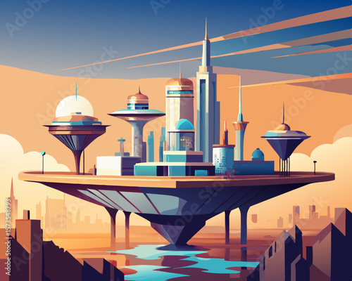 colorful illustration of a futuristic floating city with advanced architects