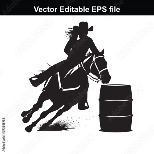 Silhouette of Barrel Racing Featuring a Horse and Rider Approaching a Barrel in an Equestrian Competition Scene