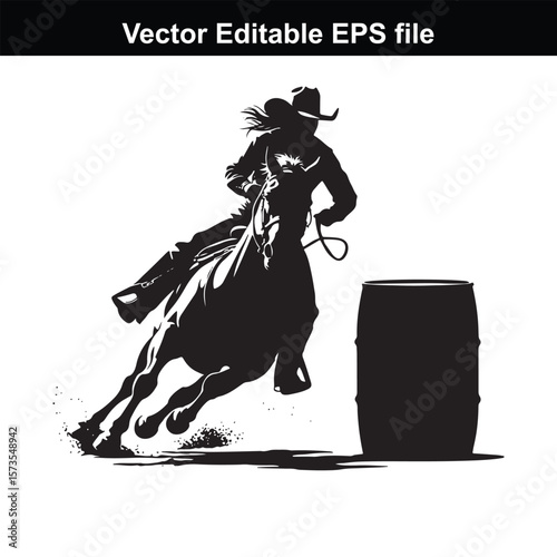 Silhouette of Barrel Racing Featuring a Horse and Rider Approaching a Barrel in an Equestrian Competition Scene