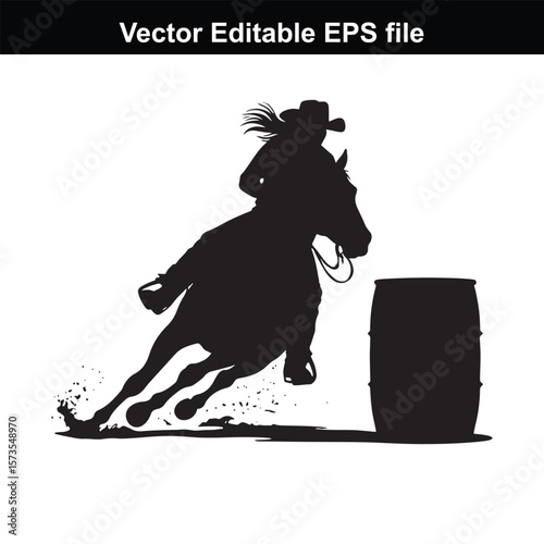 Silhouette of Barrel Racing Featuring a Horse and Rider Approaching a Barrel in an Equestrian Competition Scene
