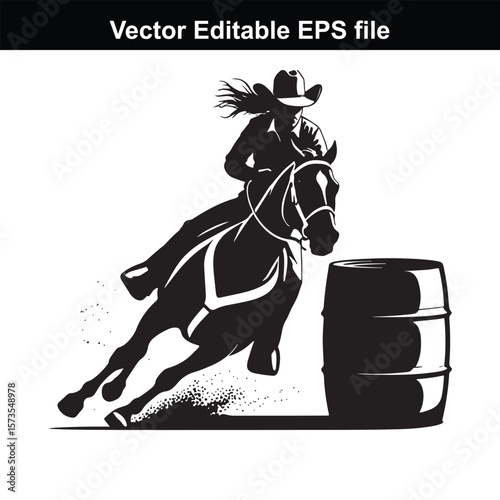 Silhouette of Barrel Racing Featuring a Horse and Rider Approaching a Barrel in an Equestrian Competition Scene