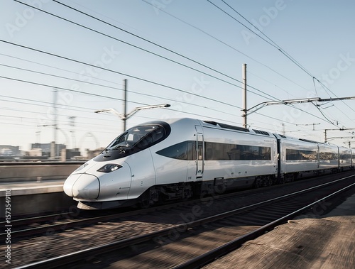 A sleek high-speed train zooming along a modern railway track, with its streamlined design and motion blur capturing the essence of speed against a clear sky.	