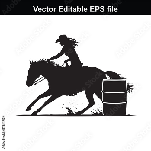 Silhouette of Barrel Racing Featuring a Horse and Rider Approaching a Barrel in an Equestrian Competition Scene