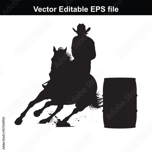Silhouette of Barrel Racing Featuring a Horse and Rider Approaching a Barrel in an Equestrian Competition Scene