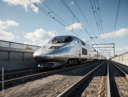 A sleek high-speed train zooming along a modern railway track, with its streamlined design and motion blur capturing the essence of speed against a clear sky.	
