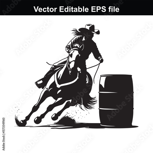 Silhouette of Barrel Racing Featuring a Horse and Rider Approaching a Barrel in an Equestrian Competition Scene