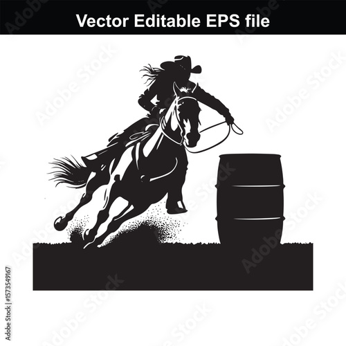 Silhouette of Barrel Racing Featuring a Horse and Rider Approaching a Barrel in an Equestrian Competition Scene