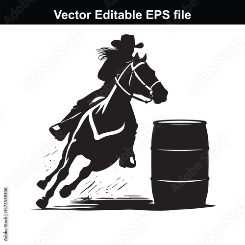 Silhouette of Barrel Racing Featuring a Horse and Rider Approaching a Barrel in an Equestrian Competition Scene