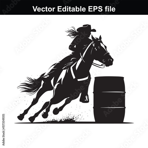 Silhouette of Barrel Racing Featuring a Horse and Rider Approaching a Barrel in an Equestrian Competition Scene