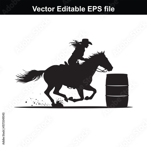 Silhouette of Barrel Racing Featuring a Horse and Rider Approaching a Barrel in an Equestrian Competition Scene