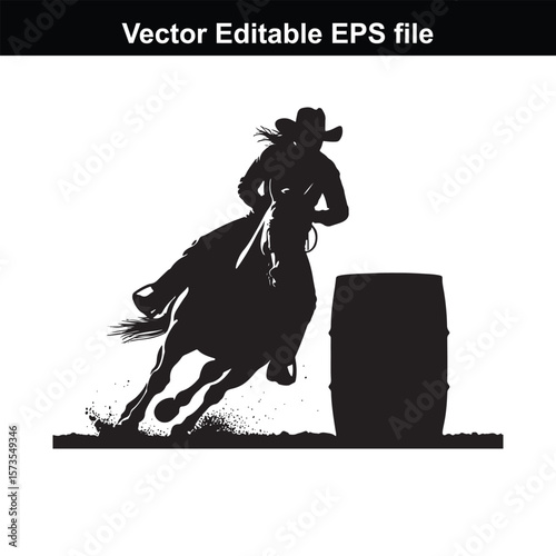 Silhouette of Barrel Racing Featuring a Horse and Rider Approaching a Barrel in an Equestrian Competition Scene
