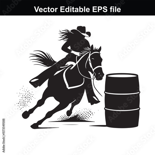 Silhouette of Barrel Racing Featuring a Horse and Rider Approaching a Barrel in an Equestrian Competition Scene