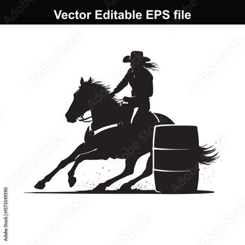 Silhouette of Barrel Racing Featuring a Horse and Rider Approaching a Barrel in an Equestrian Competition Scene