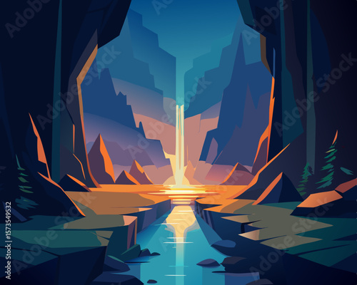 colorful illustration of a glowing underground river leading into a mysterious cave