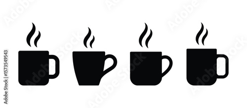 Four simple black silhouette coffee mugs with steam rising on a white background