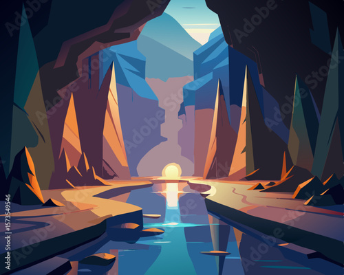 colorful illustration of a glowing underground river leading into a mysterious cave