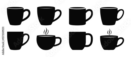 Collection of eight black silhouette coffee mugs with and without steam