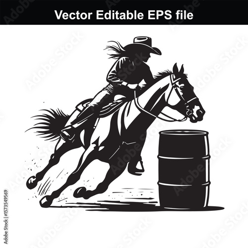 A silhouette Cowgirl  barrel racing
