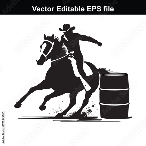 Silhouette of Barrel Racing Featuring a Horse and Rider Approaching a Barrel in an Equestrian Competition Scene