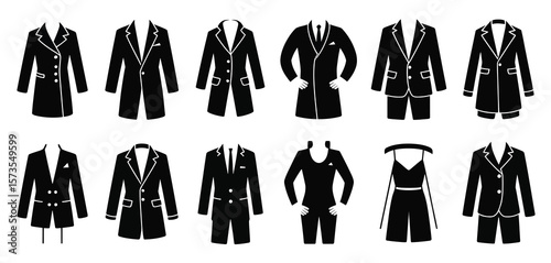 Collection of black and white silhouette icons representing various formal wear outfits