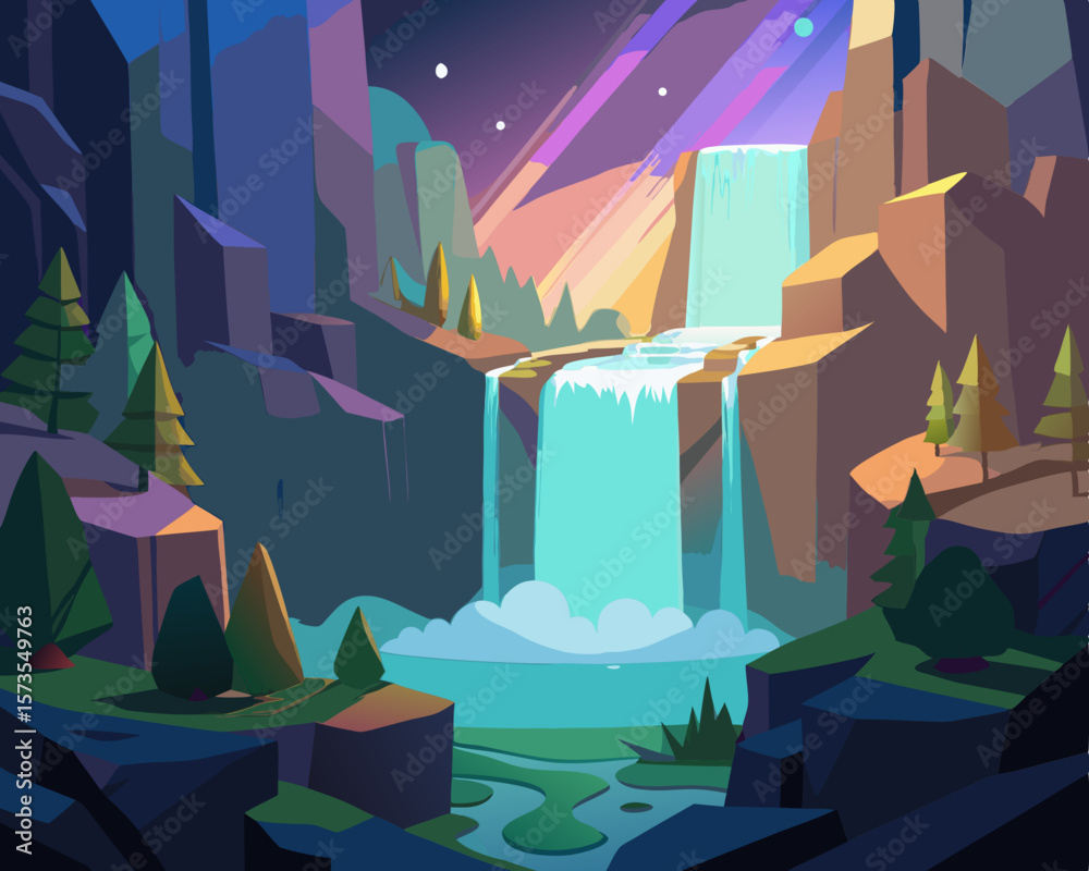 Obraz premium colorful illustration of a hidden fairy waterfall and forest