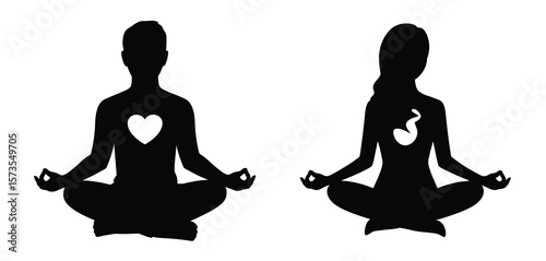 Silhouettes of a man and woman meditating with heart and musical note symbols inside