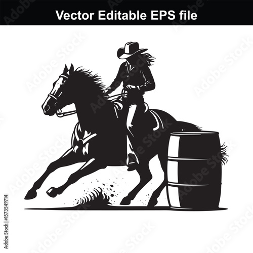 Silhouette of Barrel Racing Featuring a Horse and Rider Approaching a Barrel in an Equestrian Competition Scene