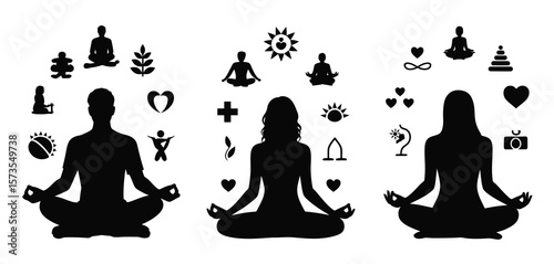 Silhouettes of people meditating surrounded by symbols of health wellness and happiness