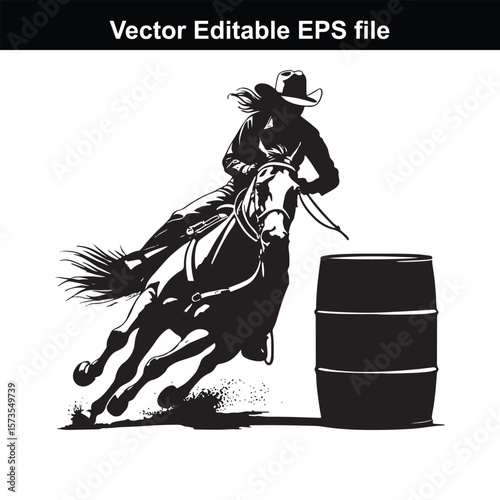 Silhouette of Barrel Racing Featuring a Horse and Rider Approaching a Barrel in an Equestrian Competition Scene
