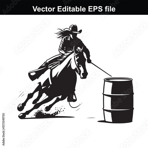 Silhouette of Barrel Racing Featuring a Horse and Rider Approaching a Barrel in an Equestrian Competition Scene