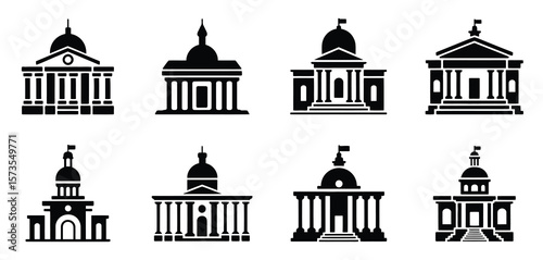 Collection of eight black and white silhouette icons of government buildings