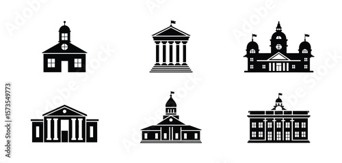 Collection of black silhouettes of various government buildings and courthouses